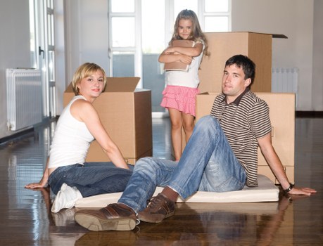 Packed business items ready for transport during a commercial relocation