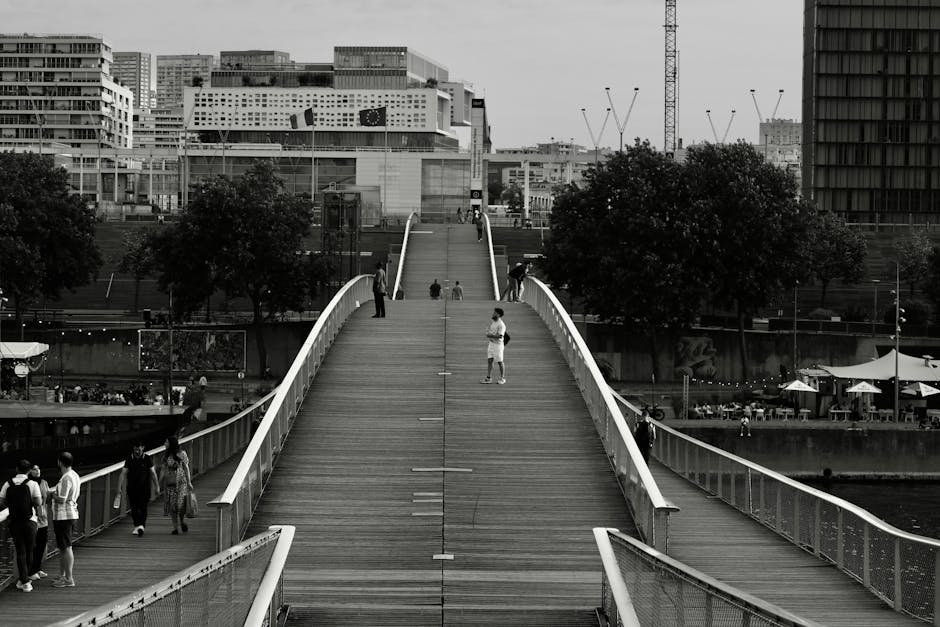 A black and white photograph of a modern, curved pedestrian bridge with wooden decking, situated in an urban environment. The bridge features white handrails on both sides and extends over a body of water, connecting two areas with the city skyline in the background. Several people are walking along the bridge, while one individual stands in the middle, and others are positioned towards the far end, possibly preparing for or already engaged in home relocation activities. The scene includes trees lining the bridge, and nearby outdoor seating with umbrellas visible on the right side. The background reveals high-rise buildings, construction cranes, and street-level activity, illustrating a lively cityscape. This setting can be associated with transport and logistical processes relevant to furniture transport, packing, and loading for house removals, highlighting the urban environment where Man with Van De Beauvoir Town operates.