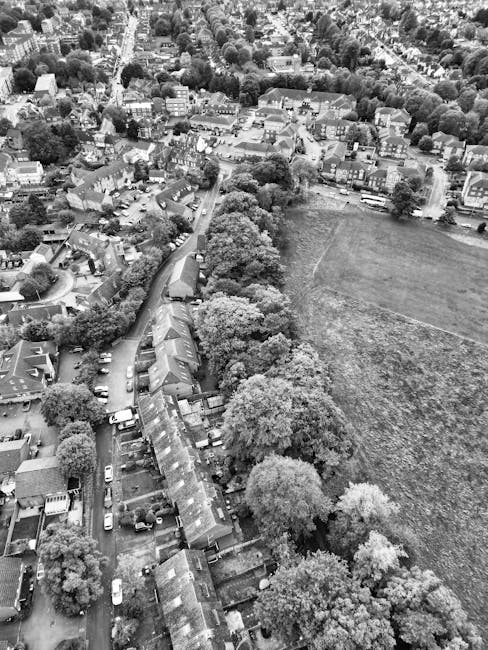 An aerial black-and-white photograph displays a narrow residential street lined with terraced houses and parked cars on both sides, with some vehicles permanently stationed alongside the pavement. The street curves slightly and is bordered by a large open green space on one side, which features scattered trees and grass. In front of one of the houses, a moving crew from Man with Van De Beauvoir Town is loading a selection of packed cardboard boxes, wrapped furniture, and household items onto a van parked at the curb. The crew is using a trolley and securing the items with straps, indicating an organized home relocation process. The surroundings include more residential buildings and leafy trees, with additional vehicles parked further along the street. The environment appears to be well-lit, likely during daytime, and the scene captures the logistical aspect of furniture transport and packing involved in a house removal or moving service from the Southgate Road and Kingsland Road area.